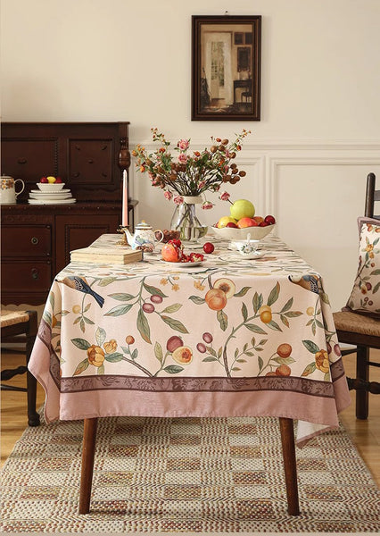 Tablecloth for Round Table, Simple Modern Rectangle Tablecloth Ideas for Oval Table, Bird and Fruit Tree Kitchen Table Cover, Linen Table Cover for Dining Room Table-Art Painting Canvas