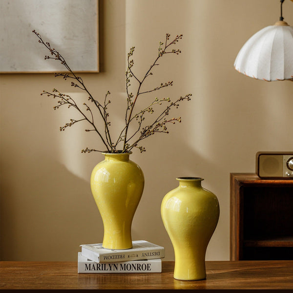 Handmade Water Holding Flower Vase, Yellow Flower Vases on Table, Ceramic Bud Vases, Porcelain Flower Vases-Art Painting Canvas