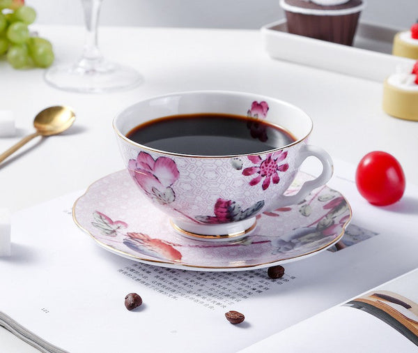 Unique Porcelain Cup and Saucer, Beautiful British Flower Tea Cups, Elegant Ceramic Coffee Cups, Creative Bone China Porcelain Tea Cup Set-Art Painting Canvas
