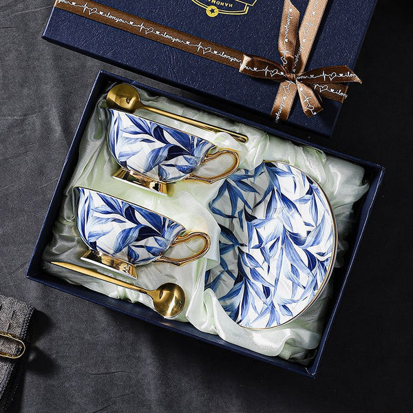 Unique British Tea Cup and Saucer in Gift Box, Blue Bone China Porcelain Tea Cup Set, Elegant British Ceramic Coffee Cups-Art Painting Canvas