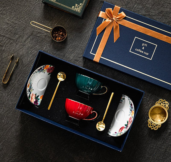 Beautiful British Tea Cups, Creative Bone China Porcelain Tea Cup Set, Elegant Ceramic Coffee Cups, Unique Tea Cups and Saucers in Gift Box-Art Painting Canvas