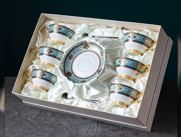 Unique Tea Cup and Saucer in Gift Box, 7.4 oz British Ceramic Coffee Cups, Porcelain Tea Cup Set for Office-Art Painting Canvas