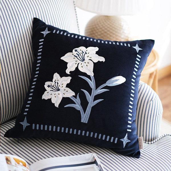 Dark Blue Lily Embroidered Cushion, Living Room Decorative Pillows, Decorative Pillow Arrangement Ideas for Couch, Large Decorative Pillows for Couch, Modern Throw Pillows for Bedroom-Art Painting Canvas