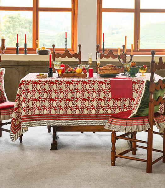 Extra Large Modern Rectangle Tablecloth for Round Table, Red Flower Pattern Table Covers for Dining Table, Red Table Cloth for Oval Table-Art Painting Canvas