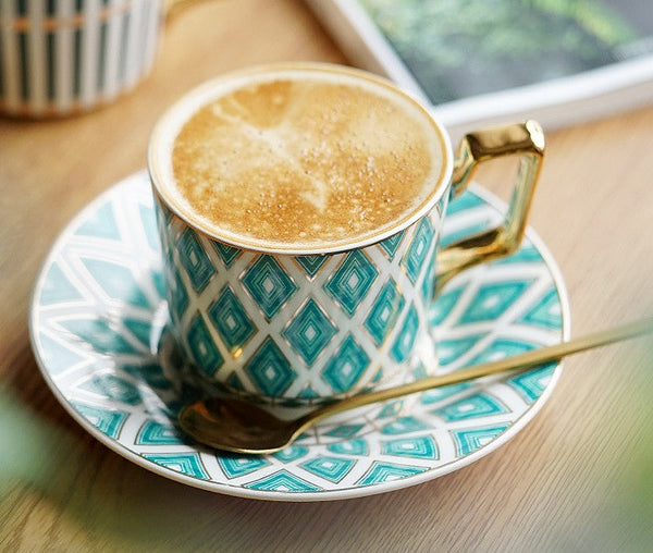 Afternoon Green British Tea Cups, Unique Ceramic Coffee Cups, Creative Bone China Porcelain Tea Cup Set, Traditional English Tea Cups and Saucers-Art Painting Canvas