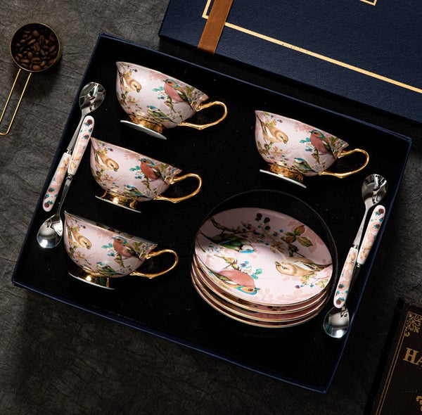 Unique Tea Cup and Saucer in Gift Box, Lovely Birds Ceramic Cups, 8 oz Ceramic Coffee Cups, Afternoon Porcelain Tea Cup Set-Art Painting Canvas