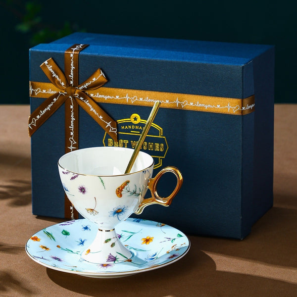 Elegant British Ceramic Coffee Cup with Saucer, 6.8 oz Tea Cup and Saucer Set in Gift Box, Floral Porcelain Tea Cup and Saucer Set, Flower Ceramic Tea Cup and Saucer-Art Painting Canvas
