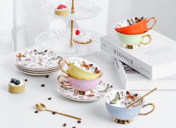 Creative Butterfly Ceramic Coffee Cups, Unique Butterfly Coffee Cups and Saucers, Beautiful British Tea Cups, Creative Bone China Porcelain Tea Cup Set-Art Painting Canvas