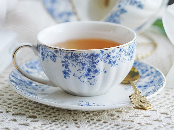 Blue Porcelain Tea Cup Saucer Set, British Royal Ceramic Cups for Traditional Afternoon Tea, Unique Blue Tea Cup and Saucer in Gift Box, Elegant Ceramic Coffee Cups-Art Painting Canvas