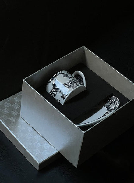 Royal Ceramic Cups, Elegant Ceramic Coffee Cups, 6.8 oz Tea Cup and Saucer in Gift Box, Zebra Jungle Porcelain Tea Cup Saucer Set-Art Painting Canvas