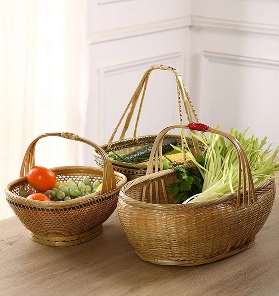 Natural Hand-woven Bamboo Basket, Natural Fruit Basket Kitchen Storage Baskets, Extra Large Picnic Food Basket with Handle, Lovely Bamboo Baskets for Vegetable