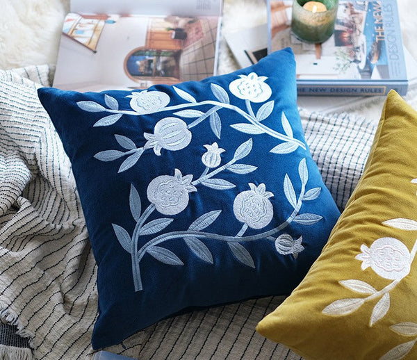 Blue Embroidered Pomegranate Cushion, Large Decorative Pillows for Couch, Living Room Decorative Pillows, Modern Throw Pillows for Bedroom, Decorative Pillow Arrangement Ideas for Couch-Art Painting Canvas