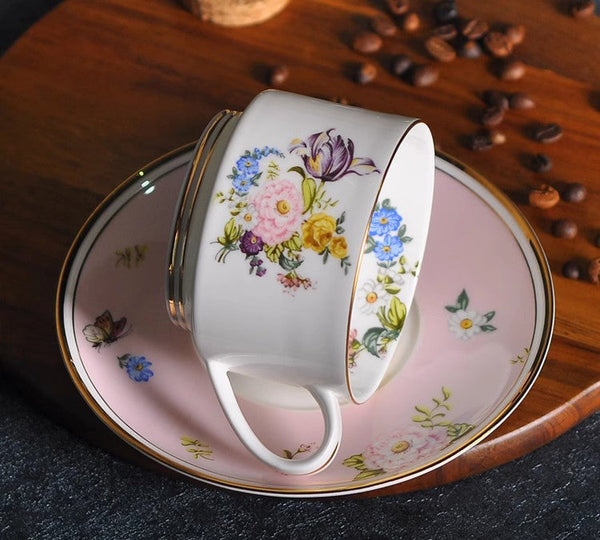 Beautiful Flower British Tea Cups, Creative Porcelain Tea Cup Saucer Set, Elegant Flower Ceramic Cups, Unique Royal Coffee Cup and Saucer-Art Painting Canvas