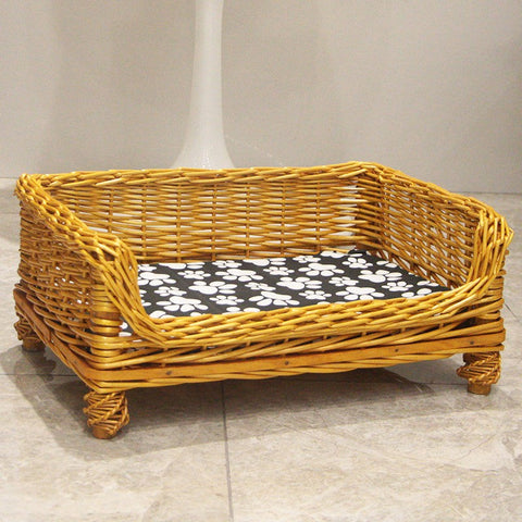 Hand Woven Rattan Cat Beds, Extra Large Natural Wicker Dog Bed with Washable Cushion for Indoor Cats and Dogs-Art Painting Canvas