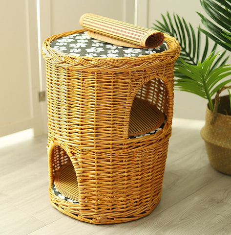 Triple-Layer Cat Bed, Large Cat House Basket with Washable Cushion for Indoor Cats and Dogs-Art Painting Canvas