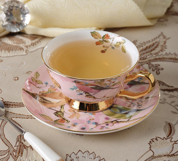 Elegant Ceramic Coffee Cups, 7.4 oz British Tea Cups, Bird Porcelain Tea Cup Saucer Set, Tea Cup and Saucer in Gift Box as Birthday Gift-Art Painting Canvas