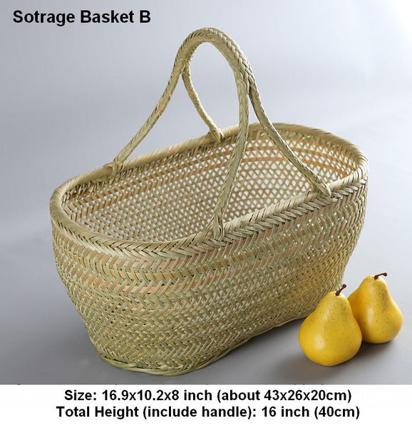 Natural Fruit Basket Kitchen Storage Baskets, Lovely Bamboo Baskets for Vegetable, Picnic Food Basket with Handle, Large Natural Hand-woven Bamboo Basket-Art Painting Canvas