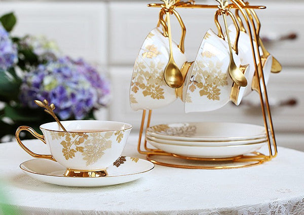 Beautiful British Tea Cups, Traditional English Tea Cups and Saucers, Bone China Porcelain Tea Cup Set, Elegant Ceramic Coffee Cups-Art Painting Canvas