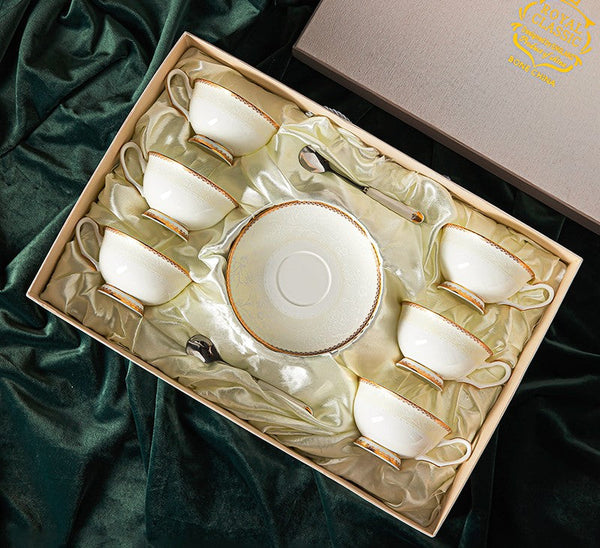 Porcelain Coffee Cup Set, White Ceramic Cups, 7.8 oz British Ceramic Coffee Cups, Unique Tea Cup and Saucer in Gift Box-Art Painting Canvas