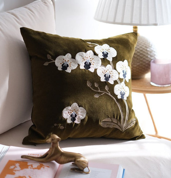 Large Decorative Pillows for Couch, Dark Olive Green Embroidered Moth Orchid Cushion, Decorative Pillow Arrangement Ideas for Couch, Living Room Decorative Pillows, Modern Throw Pillows for Bedroom-Art Painting Canvas