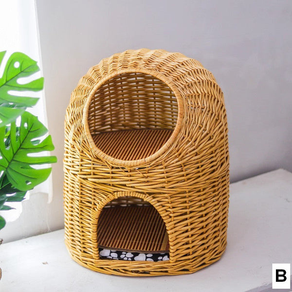 Large Double-Layer Cat Bed, Wicker Cat House Basket with Washable Cushion for Indoor Cats and Dogs-Art Painting Canvas