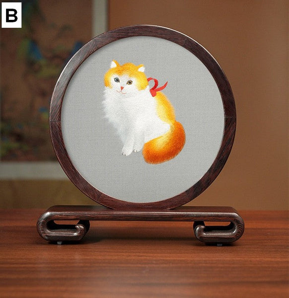 Exclusive Business Present, Lovely Kitty Cat Embroidered Decor, Premium Souvenir, Unique Birthday Gift, Traditional Chinese Suzhou Kitten Embroidery Ornament-Art Painting Canvas