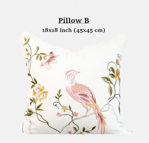 Embroidered Floral Bird Pattern Pillow Covers, Living Room Decorative Pillows, Modern Decorative Cushions, Decorative Pillows for Bed, Decorative Pillow Arrangement Ideas for Interior Design-Art Painting Canvas