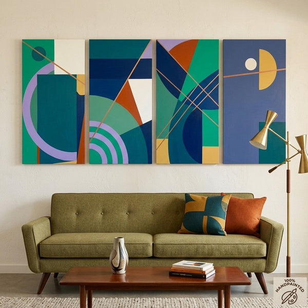 Blue Modern Contemporary Paintings, Geometric Abstract Paintings, Hand Painted Canvas Art, Multi Panel Wall Painting-Art Painting Canvas
