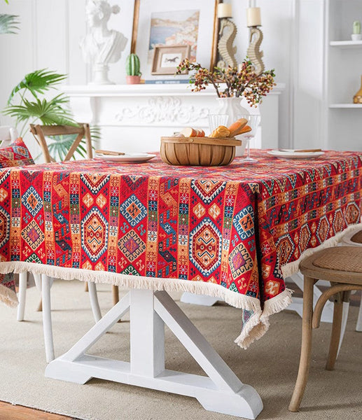 Oriental Red Rectangular Table Covers for Coffee Table, Bohemian Rectangular Tablecloth for Oval Table, Large Modern Linen Tablecloths-Art Painting Canvas