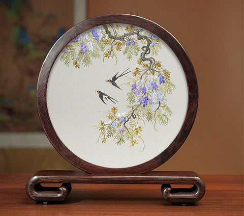 Silk Embroidered Ornament, Premium Souvenir, Exclusive Business Presents, Creative Birthday Gift, Traditional Chinese Suzhou Flower and Birds Embroidery Ornaments-Art Painting Canvas
