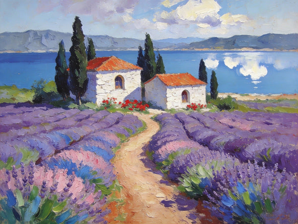 Small Wall Paintings, Lavender Fields and White Cottages, Simple Painting Ideas, Landscape Canvas Paintings, Impasto Wall Art Paintings, On Canvas Small Paintings-Art Painting Canvas