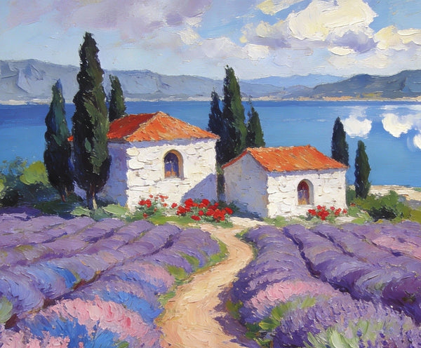 Small Wall Paintings, Lavender Fields and White Cottages, Simple Painting Ideas, Landscape Canvas Paintings, Impasto Wall Art Paintings, On Canvas Small Paintings-Art Painting Canvas