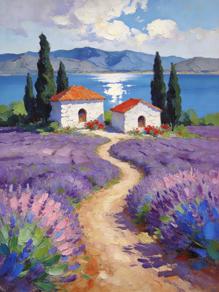Sunlit Lavender Fields with White Cottages Impasto Paintings, Small Oil Paintings, Small Wall Paintings, Landscape Artwork Canvas Paintings, Small Original Paintings-Art Painting Canvas