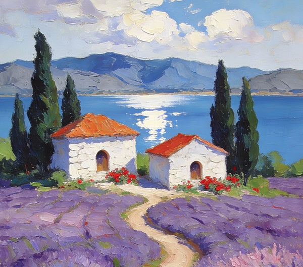 Sunlit Lavender Fields with White Cottages Impasto Paintings, Small Oil Paintings, Small Wall Paintings, Landscape Artwork Canvas Paintings, Small Original Paintings-Art Painting Canvas