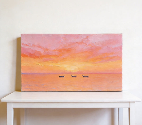 Hand Painted Canvas Artwork, Boats Adrift in Sunset Glow, Small Canvas Wall Art Paintings, Sunset Paintings, Original Seascape Paintings-Art Painting Canvas