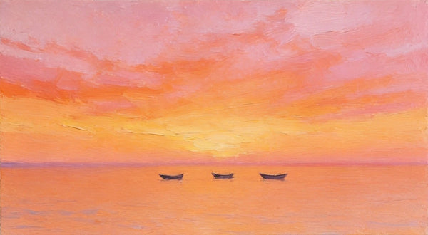 Hand Painted Canvas Artwork, Boats Adrift in Sunset Glow, Small Canvas Wall Art Paintings, Sunset Paintings, Original Seascape Paintings-Art Painting Canvas
