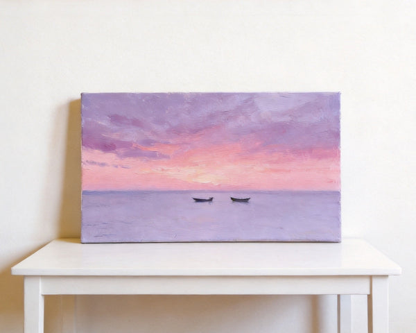 Small Canvas Paintings, Sunset Paintings, Silence of the Twilight Sea, Original Seascape Paintings, Hand Painted Canvas Wall Art-Art Painting Canvas