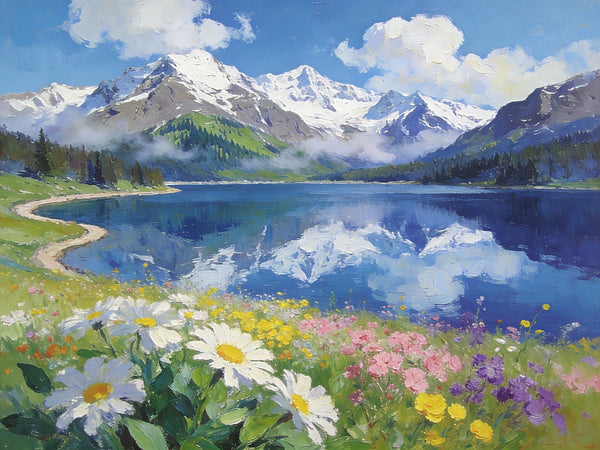 Snow-Capped Peaks Reflected in the Lake, Hand Painted Canvas Art, Small Oil Paintings on Canvas, Small Original Oil Paintings, Small Landscape Paintings-Art Painting Canvas