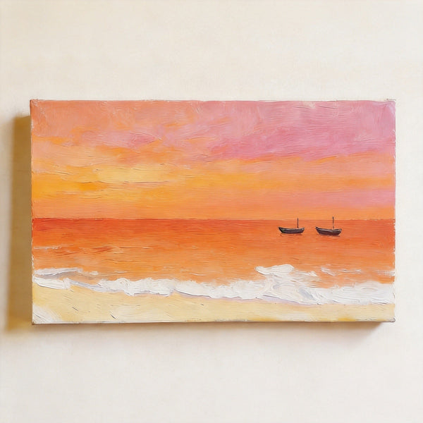 Small Canvas Wall Art Paintings, Sunset Paintings, Sailing Boats Adrift in Sunset Glow, Original Seascape Paintings, Hand Painted Canvas Artwork-Art Painting Canvas