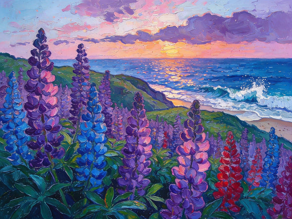 Seaside Lupines in Bloom, Heavy Texture Paintings, Original Small Landscape Paintings, Small Oil Paintings on Canvas, Small Paintings on Canvas, Hand Painted Canvas Art-Art Painting Canvas