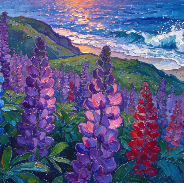 Seaside Lupines in Bloom, Heavy Texture Paintings, Original Small Landscape Paintings, Small Oil Paintings on Canvas, Small Paintings on Canvas, Hand Painted Canvas Art-Art Painting Canvas