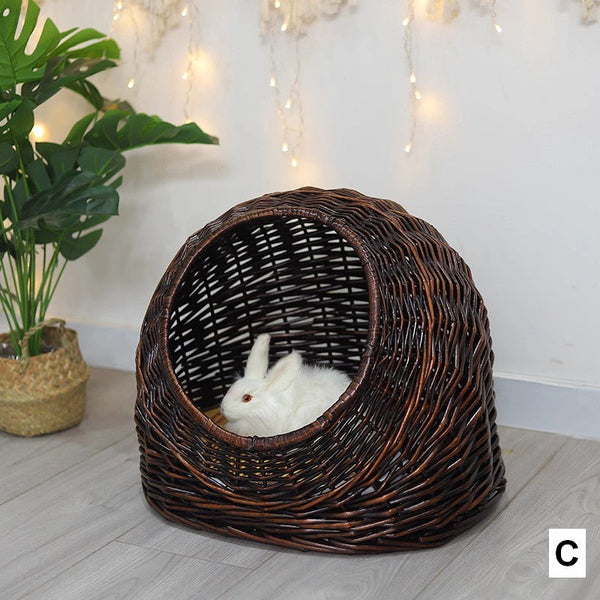 Hand woven Rattan Cat Bed, Natural Wicker Cat House Basket with Washable Cushion for Indoor Cats and Dogs-Art Painting Canvas