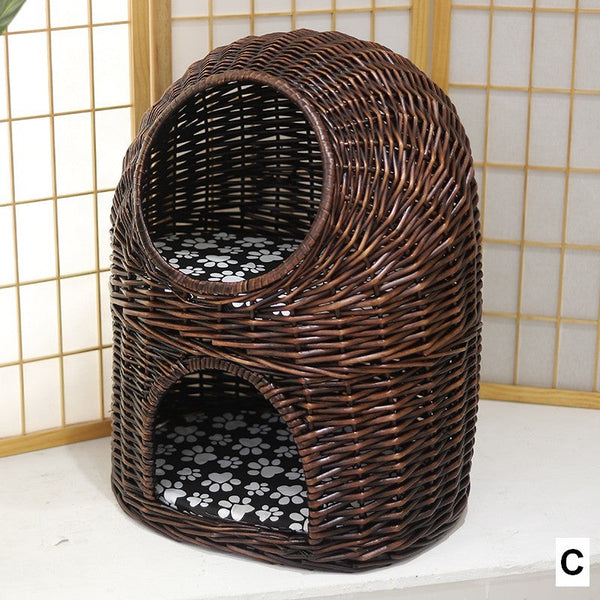 Large Cat House Basket with Washable Cushion for Indoor Cats and Dogs, Double-Layer Cat Bed