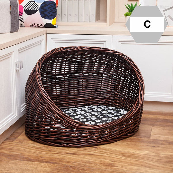 Natural Wicker Cat House Basket with Washable Cushion for Indoor Cats and Dogs, Hand woven Rattan Cat Bed