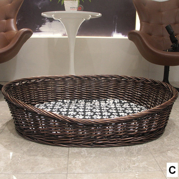 Natural Wicker Dog Bed with Washable Cushion for Indoor Cats and Dogs, Hand woven Rattan Cat Beds-Art Painting Canvas