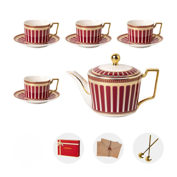 Beautiful Porcelain Tea Cup and Saucer Set of 4 cups, 7.4 oz Red Tea Cup and Saucer Set with Teapot in Gift Box, Modern Ceramic Coffee Cups-Art Painting Canvas