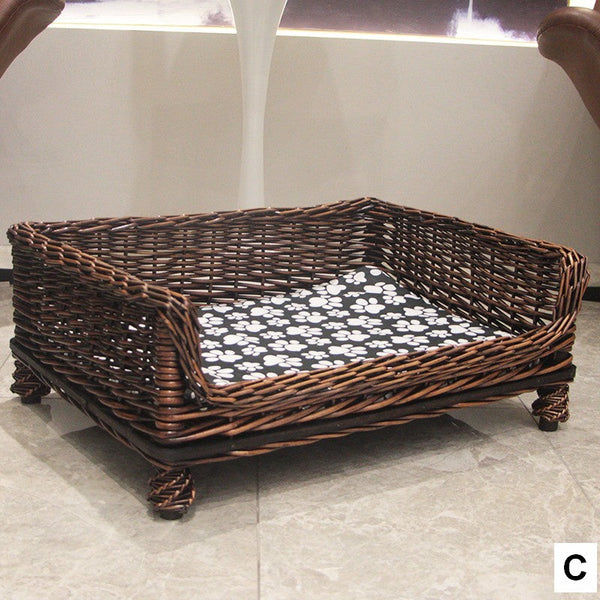 Large Natural Wicker Dog Bed with Washable Cushion for Indoor Cats and Dogs, Hand Woven Rattan Cat Beds-Art Painting Canvas