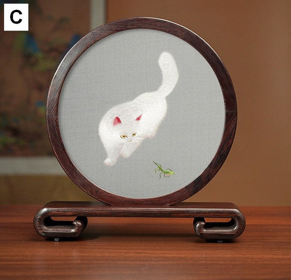 Exclusive Business Present, Lovely Kitty Cat Embroidered Decor, Premium Souvenir, Unique Birthday Gift, Traditional Chinese Suzhou Kitten Embroidery Ornament-Art Painting Canvas