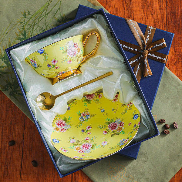 Ceramic Tea Cup and Saucer Set of 2 Cups in Gift Box, Flower Royal Porcelain Tea Cup and Saucer Set, Elegant Ceramic Coffee Cups-Art Painting Canvas