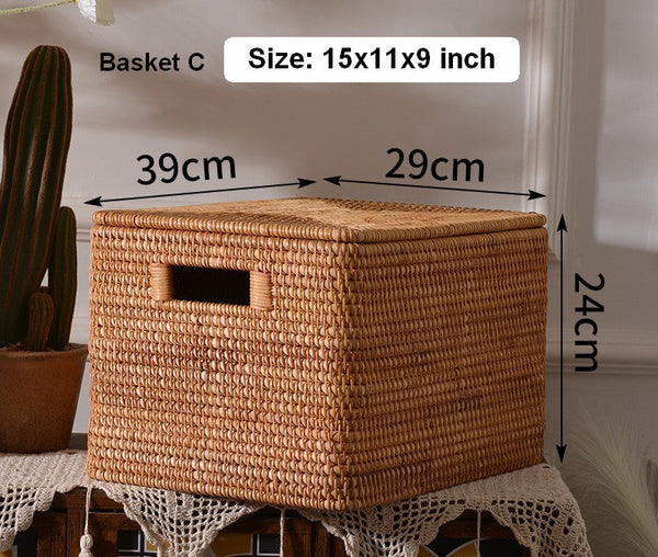 Oversized Rectangular Storage Basket with Lid, Woven Rattan Storage Basket for Shelves, Storage Baskets for Bedroom, Extra Large Storage Baskets for Clothes